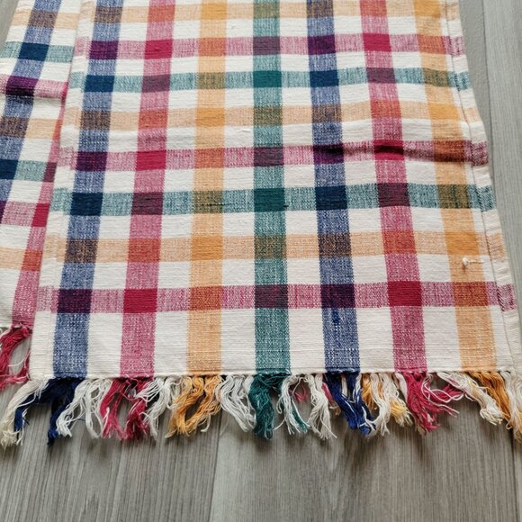 Colorful Cotton Checkered Patterned Fringed Table Runner 62x14 - Picture 2 of 4